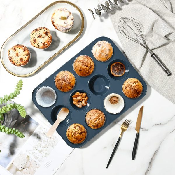 Super Kitchen 12-Cavity Large Non-Stick Silicone Muffin Mold Pan - Easy To Clean Gray - Japan Supply - Image 3