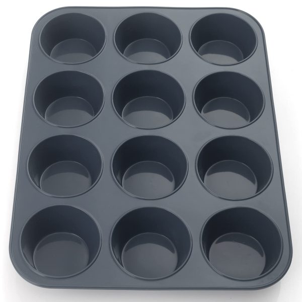Super Kitchen 12-Cavity Large Non-Stick Silicone Muffin Mold Pan - Easy To Clean Gray - Japan Supply